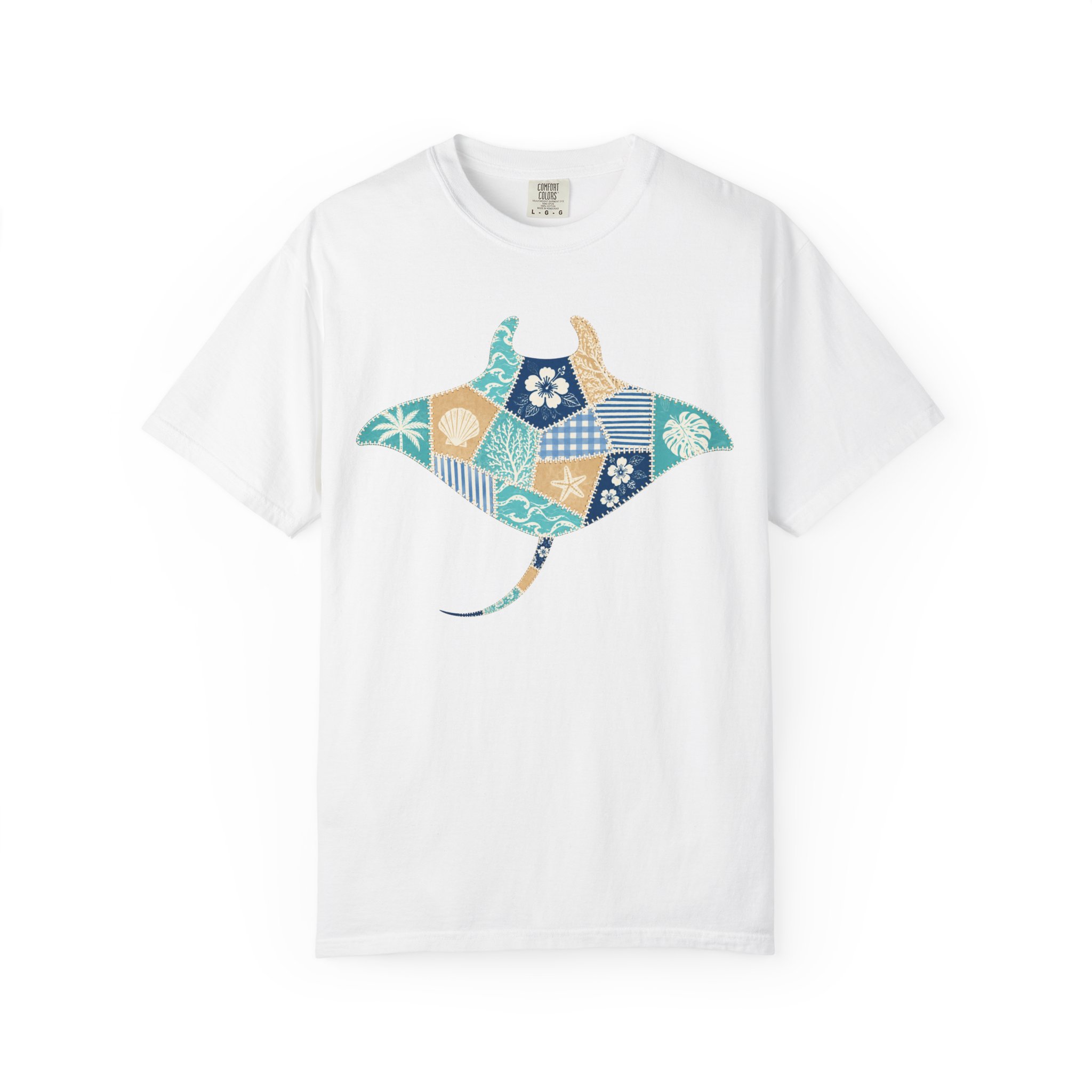 Faux Patchwork Manta Ray T-Shirt | Hawaiian Floral Ocean Motif - Image 2