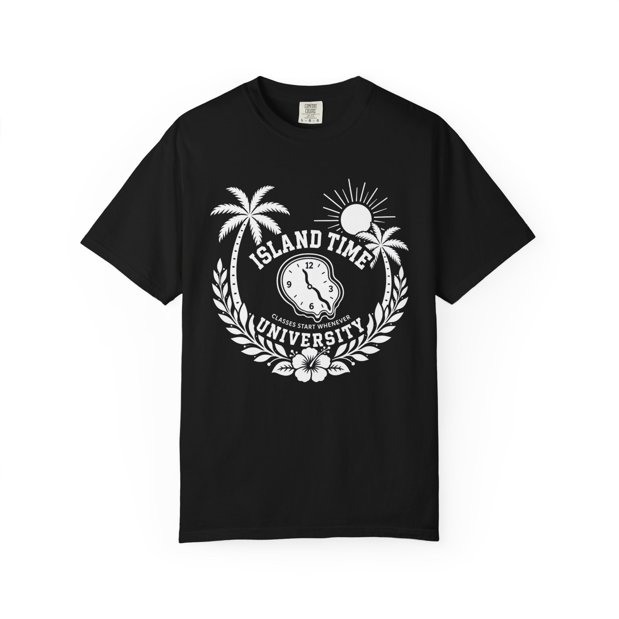 Island Time University T-shirt | Tropical Clock Palm Trees - Image 4