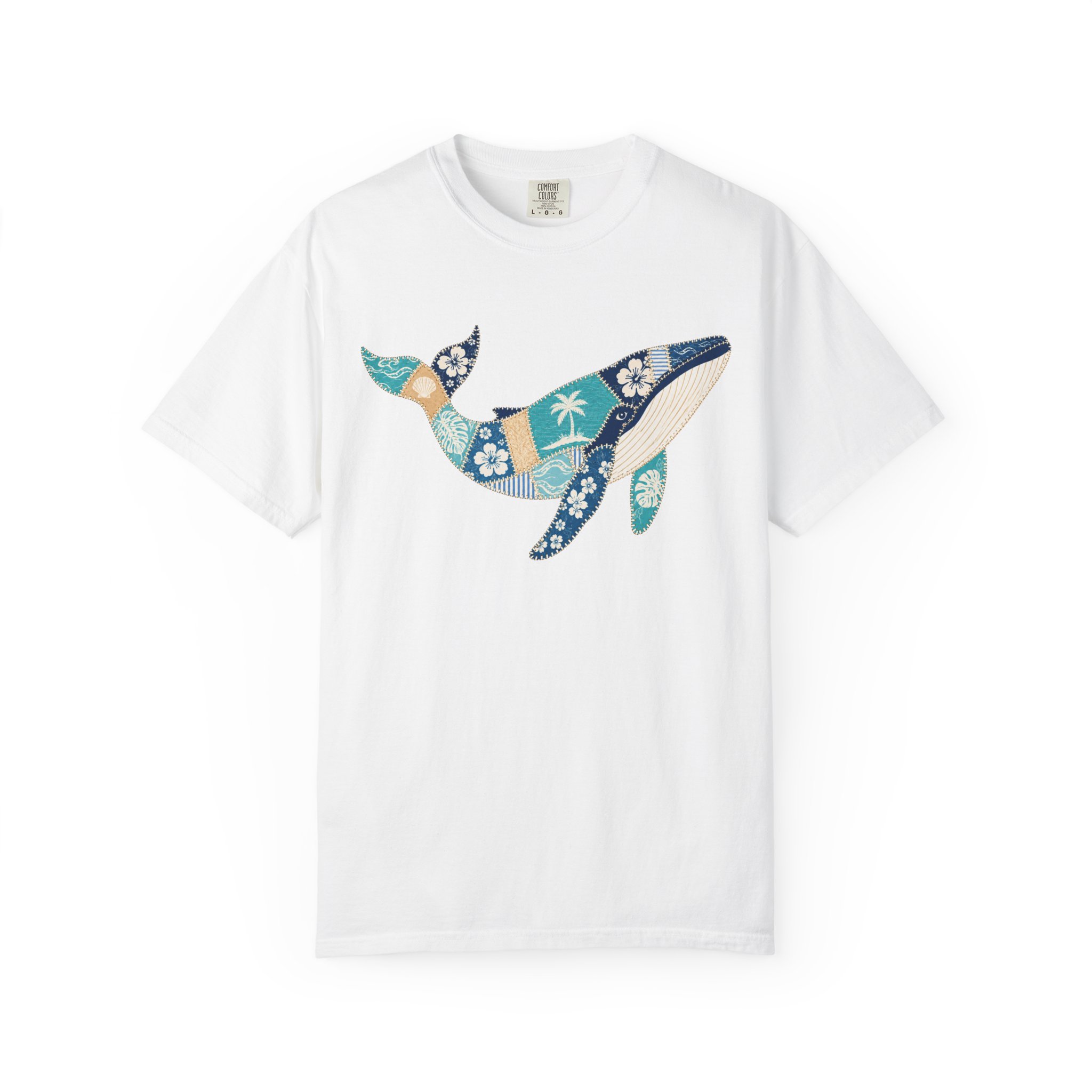 Faux Patchwork Hawaiian Pattern Humpback Whale T-Shirt | Ocean Tropical Floral Tee - Image 2