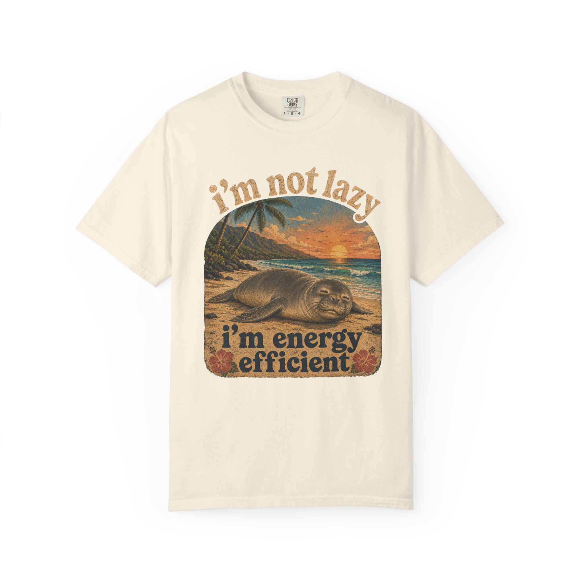 I'm Not Lazy I'm Energy Efficient Seal T-shirt | Retro Beach Sunset - Image 4