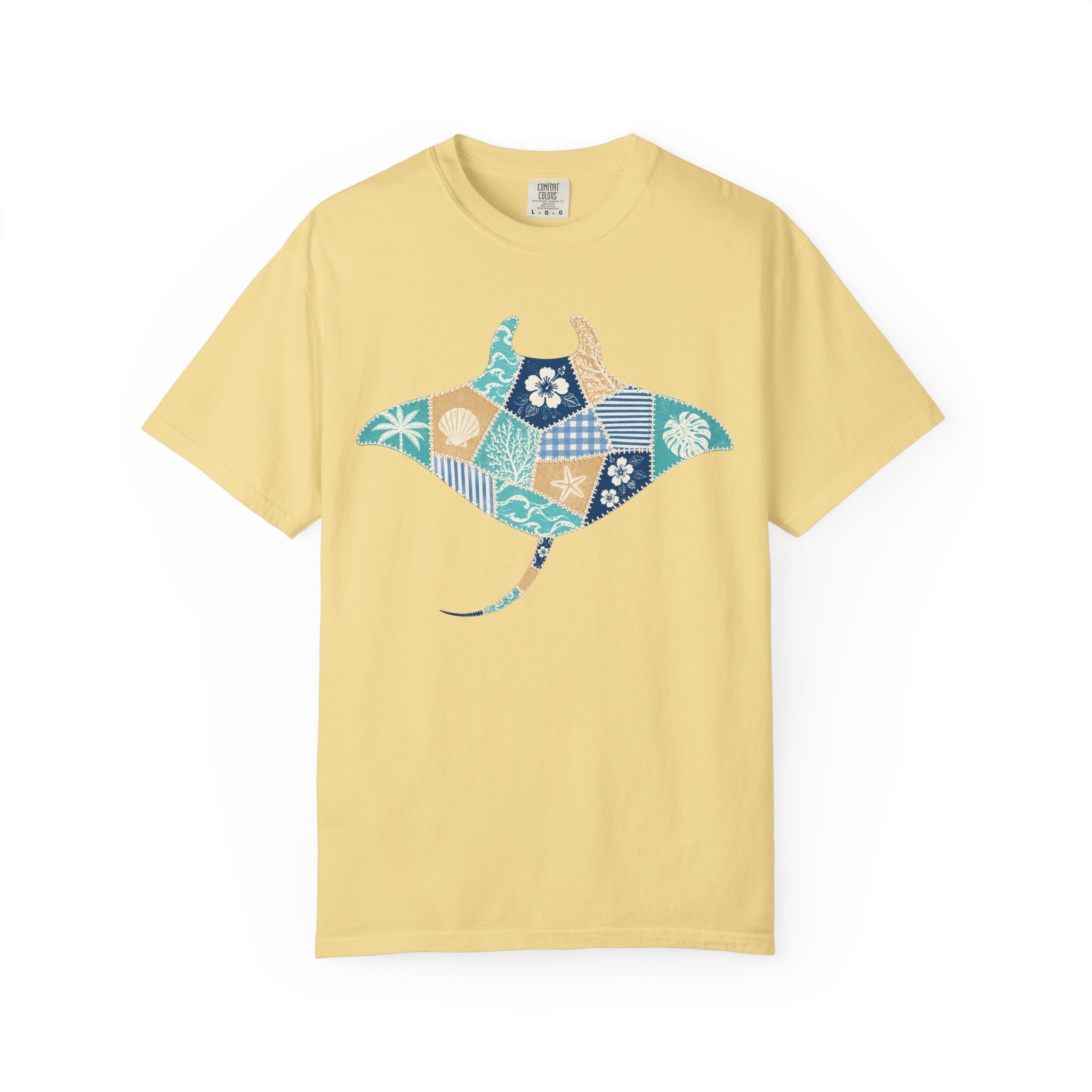 Faux Patchwork Manta Ray T-Shirt | Hawaiian Floral Ocean Motif - Image 3