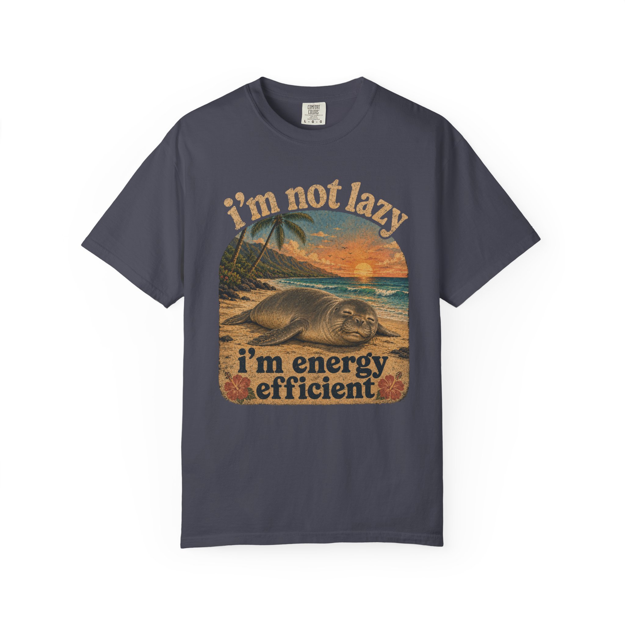 I'm Not Lazy I'm Energy Efficient Seal T-shirt | Retro Beach Sunset - Image 9