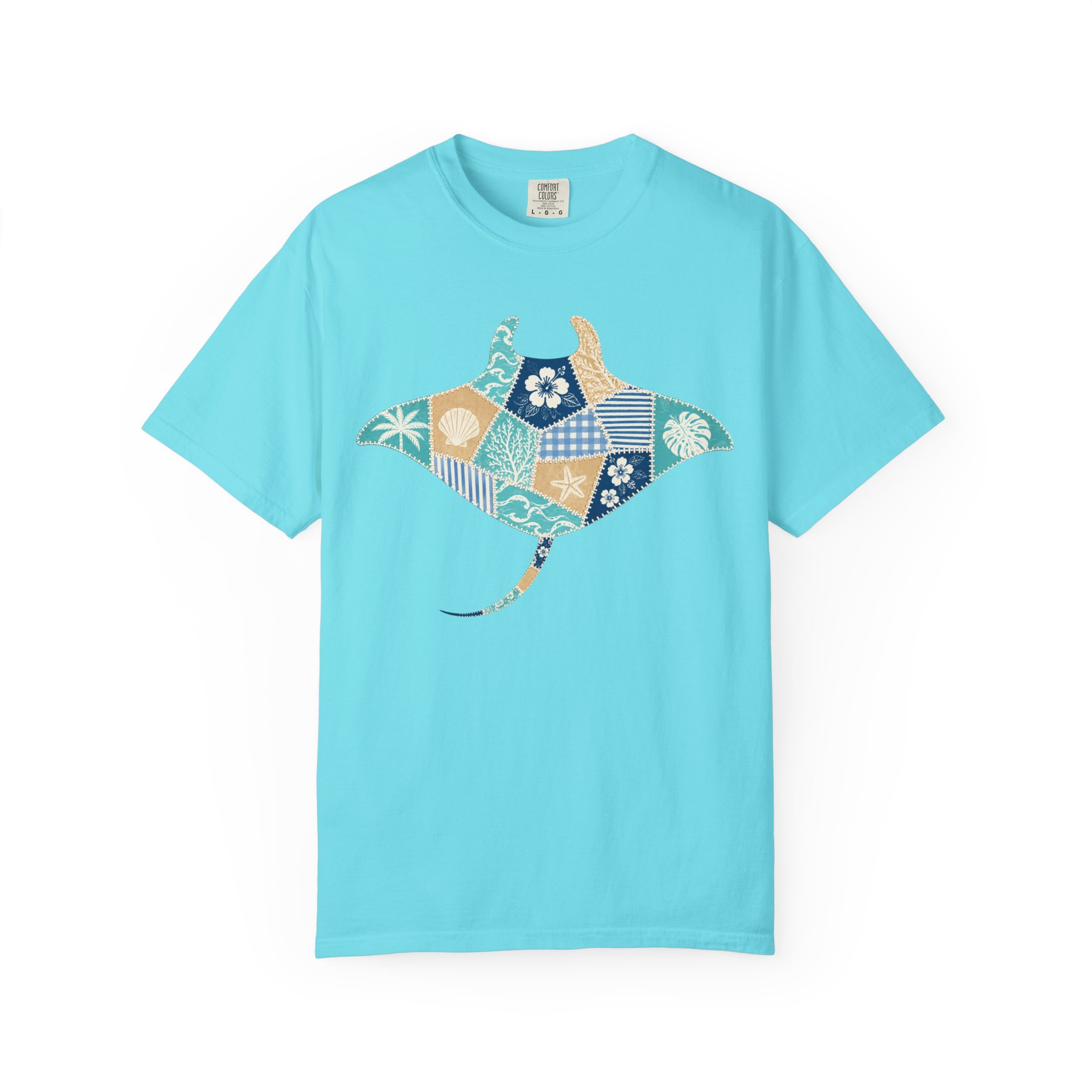 Faux Patchwork Manta Ray T-Shirt | Hawaiian Floral Ocean Motif - Image 6