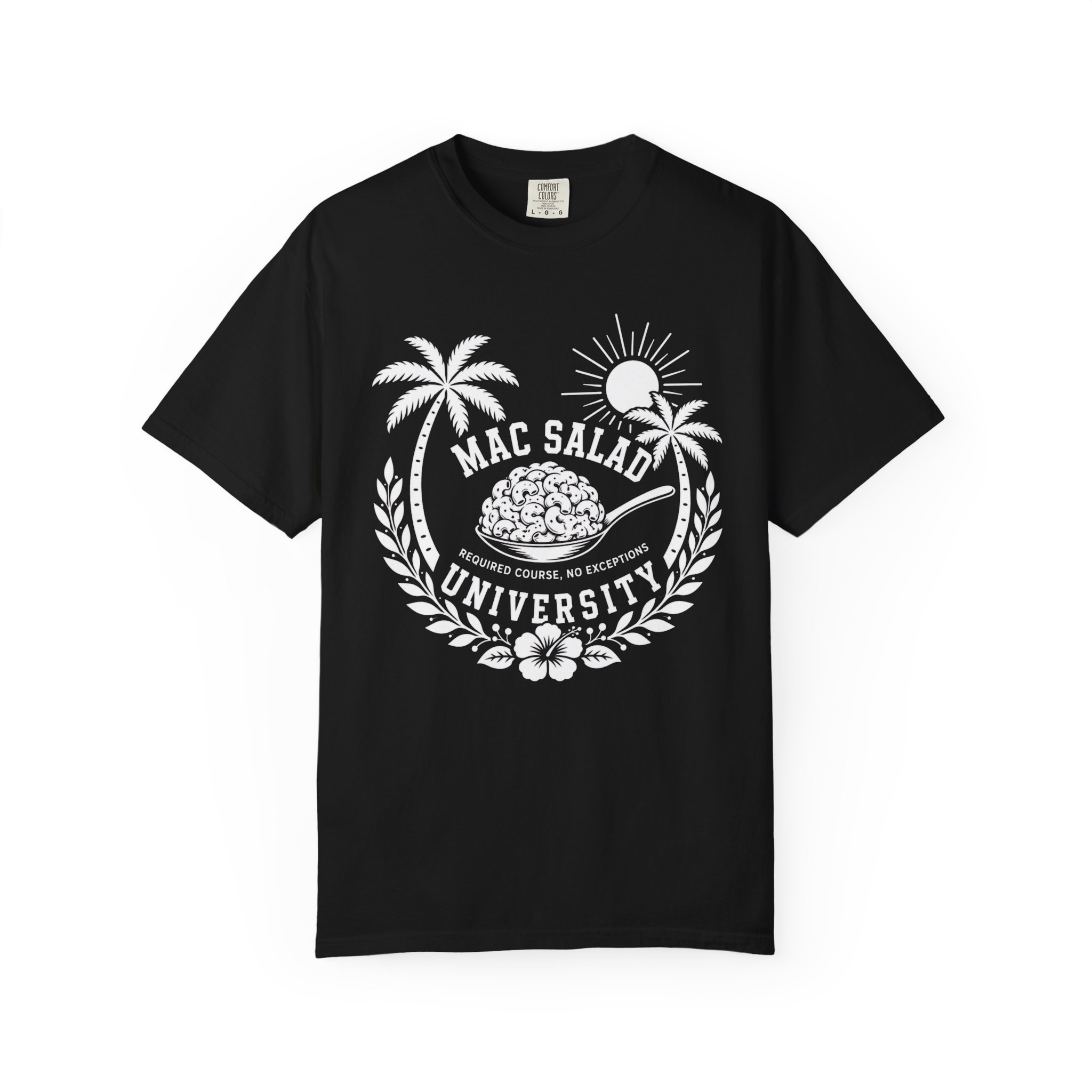 Mac Salad University tee | Macaroni Salad crest, palm trees, retro beach design - Image 4