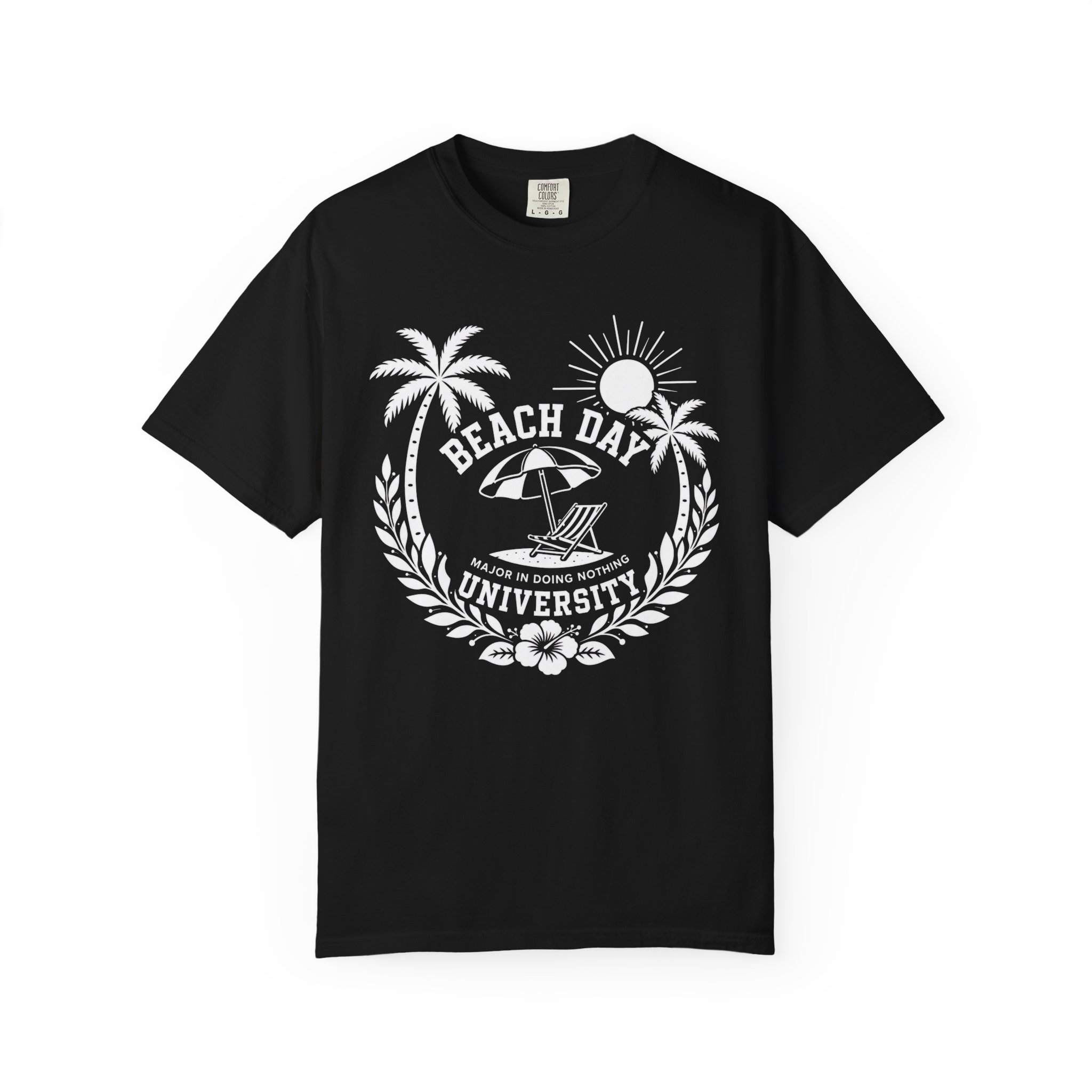 Beach Day University T-shirt | Palm Trees, Sun, Surf Chair - Image 4